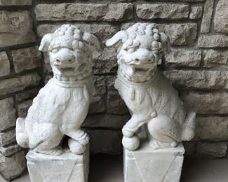 PAIR OF CHINESE 32" TALL CONCRETE FOO DOGS STATUES, GUARDIANS