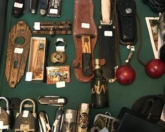 Pocket knives, hunting knives in sheaths, Master locks, BIC lighter cases, curve perfume and more