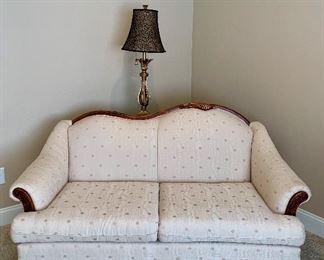 Item 9:  Vintage Kingsley Furniture Co. Asymmetrical Carved Wood Back Loveseat - 55.5"l x 22.5"w x 35"h:  $300