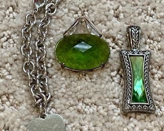 Lot #7:  Assorted Jewelry: 2 green stone pendants and heart bracelet: $12