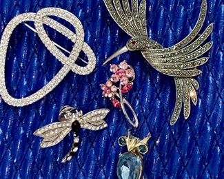 Lot 6:  Assorted Pins with Marcasite Bird and Blue Owl: $30