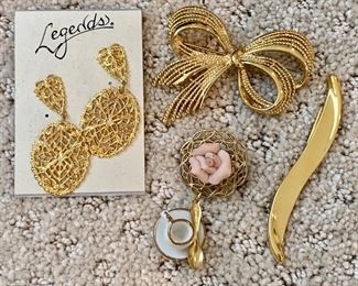 Lot 3:  Assorted Jewelry with Pink Rose Pin and new Legends gold earrings: $14
