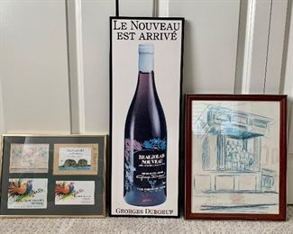 Item 76:  Framed Wine Labels - 13" x 10":  $12                                             Item 79:  Le Nouveau Est Arrive - 8.5" x 24":      $12                                 Item 77:  Pencil Drawing - 12.25" x 15.25":  $15