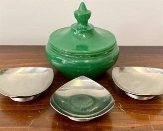 Item 296:  Just a bunch of cool things- green lidded vintage emerald green vanity box and 3 Danish teeny trinket dishes: $25