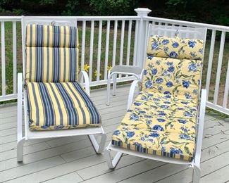 Item 39:  Two light weight lounge chairs - with cushions -  27.5"l x 46"w x 44"h: $150