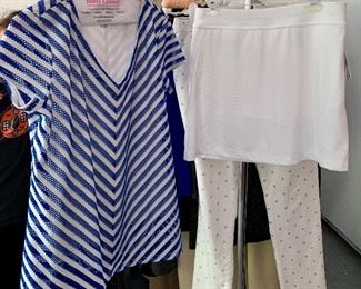 Item 300:  Blue Striped V-neck, Short Sleeved Shirt: $12 and White Calloway Skort - New: $15