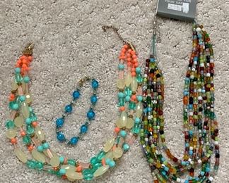 Lot 17:  Beaded Jewelry, aqua bracelet, aqua/orange and green necklace and multi-color necklace: $15