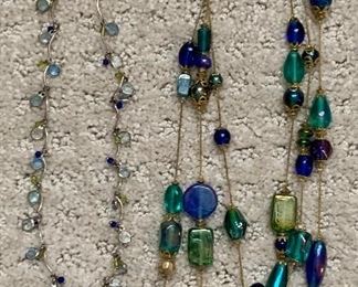 Lot 21:  Two necklaces, aqua/blue and green with smaller necklace with baby blue: $10