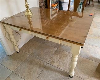 $195 cream table rectangular desk or table with pine color top - two drawers on each side 