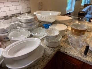 lots of kitchneware - VINTAGE COLORED PYREX on this pic SOLD