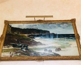 Very large oil on canvas (71” x 35”) signed Edwin Ellis. "Edwin Ellis (1842–1895) was an English artist born in Nottingham, England. He started working life as a lace draughtsman. As an artist he was known for his dramatic paintings of the British coastline, particularly around Yorkshire, Wales and Cornwall. He painted mainly in oils in a broad, impressionistic style. He also painted in watercolour. He exhibited extensively at the Royal Society of British Artists (elected member in 1875), the Royal Academy and many other galleries in London and other UK cities. A major retrospective exhibition of his work was held at the Nottingham Museum and Art Gallery in 1893.''