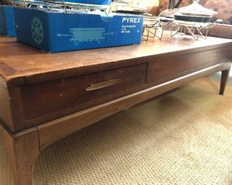 Lane 9163 walnut coffee table, with one long drawer that is accessible from both sides
