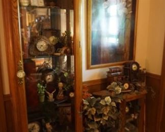 curio cabinet, owls, clocks, decor,  small curio