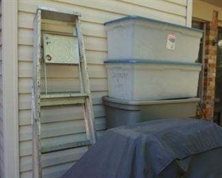 ladder, storage tubs,