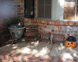 small benches, pumpkin, flower pot