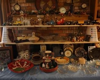 Christmas dishes, serving pieces, decor, collector cars, banks
