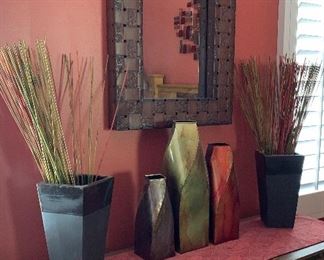 Metal Decorator Mirror, Set/3 Metal Vases, Set/2 Pottery Vases 
