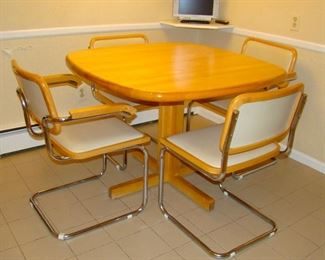 Butcher Block Kitchen Table & Four Chairs ( one needs repair)