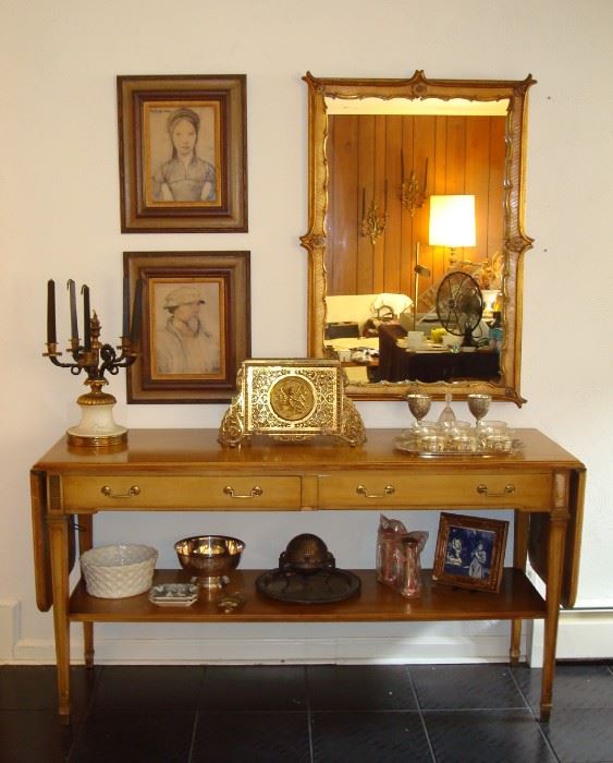 Console Table w/ Drop Sides, Holbein Prints, B & H Brass Letter Holder, Ornate Gilt Mirror