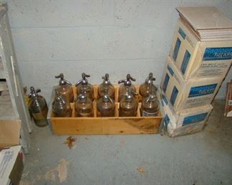 Case of vintage Bronx seltzer bottles