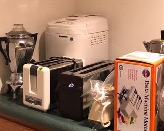 Toasters, hand mixer, pasta machine motor, Farberware electric coffee pot