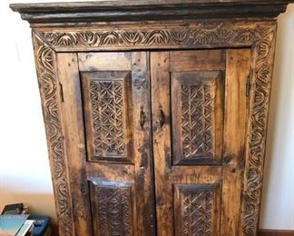 Rustic Handmade Distressed Carved Cabinet
