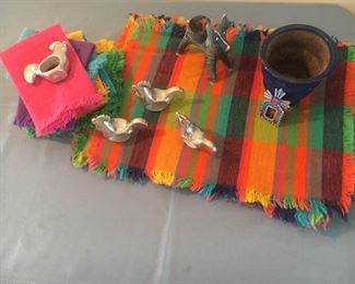 Table Linens, Ceramic Burro, Bowl and Roosters