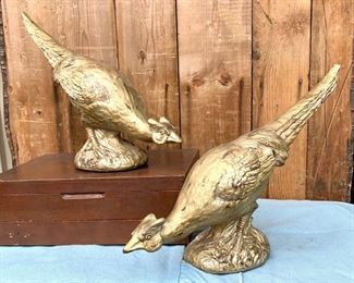 Pair of amazing gold painted old Pheasants. You are buying the pair. They are made of a ceramice type material and in very good condition. Large. $25 PAIR, WAS $45