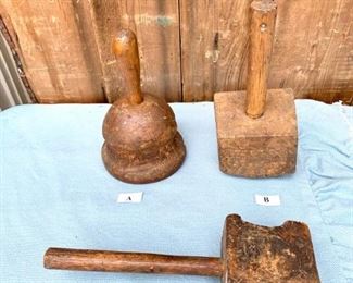 Antique mallets, all are barn finds. Each is $20. You can advise which one you want by stating letter by the mallet of your choice. $20 each
