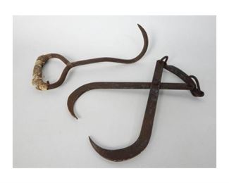 Vintage primitive steel ice hooks and wrought iron hay hook, the pair show years of use and are in good solid condition, the ice tongs measure 11'' long    $28.00