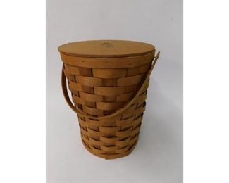 Planters Peanut large woven wood basket with handle and styrofoam liner, made by the Peterboro Basket Co., Peterboro NH. Very good condition measures 16 inches tall and 12 inches round   $21.00