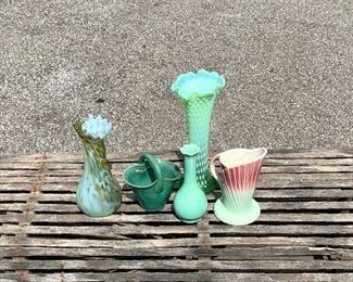 Collection of five vintage Aqua tone pottery and glass pieces. Two tall glass vases, a pottery pitcher, small pottery vase and a pottery basket. All are in great condition with no chips or cracks. We do not see marks on any of them. Entire collection is $55