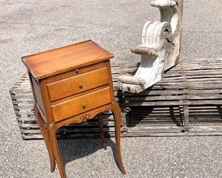 Small side table. 1940s. Would be awesome painted. Some of the trim on the top is missing but does not detract. $35 Measures 29" x 15" 11." Two drawers. Traditional in style 