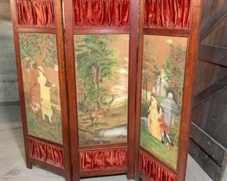 Antique Victorian velvet and hand painted oil on canvas three panel screen. Very unusual and very good good condition for age. Walnut. Each hand painted scene is all original as is the velvet. Stands great. 68" across and each panel is 16" wide. $175