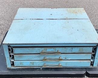 Vintage baby blue hardware box with three steel drawers that pull out and have compartments in them for spare parts or tools.  It is a great piece and all original. Wood and metal. All intact. 18 1/2" x 6". $65