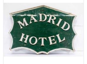 Very Large original Madrid Hotel sign. Two sided. One side is very chippy and vintage looking as this is an old sign. The side shown is chippy painted as well but it appears less in the photo. Measures 5 feet by almost 4 feet and is all wood. Spectacular vintage piece., Early 1900s. $750