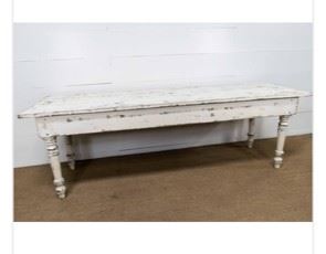 10 Foot vintage white painted (chippy) farm table with turned legs. 3 1/2 feet wide. 3 panels. Very sturdy. A beautiful piece. $950