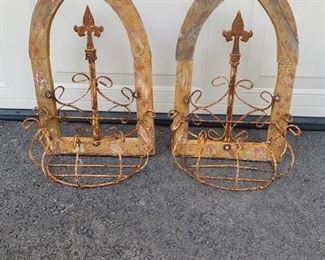 Pair of Gothic metal and wood hanging planters. These are not old but were made to look old. Measures approximately 2 feet high and ready to hang. $30 each. 