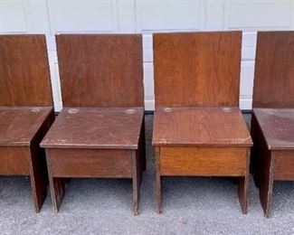 These are a set of four chairs which came out of the Carmelite Monastery in Cleveland Heights which is since closed. There are ONLY two of them available.  Those two are $45 for the pair. The top of the seat opens for storage. Solid mahogany. Very sturdy. 