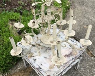 Shabby painted chandelier, needs wiring, 10 point lights, with chain, Iron $39