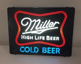 Eye catching 15x19 lighted sign. Miller High Life COLD BEER in blue. Works great. Minor signs of good use. Plastic lighted $25