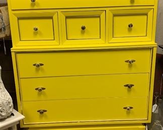 Mid-Century Yellow dresser. Great look and so MOD! Yellow painted with brass knobs. Measures 48" x 41" x 18". Very sturdy piece. $95