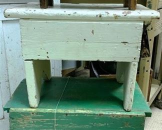 Antique stools. Each are priced individually. All are original paint and old. But all sturdy. Top one is brown wood and measures 17 1/2" x 9" and is $26, the white one is 18" x 13" x 11" and is $42 and the green one is 17" x 12" x 20" and is $46