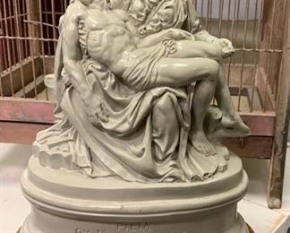 Vintage clay Michelangelo "Pieta" religious statue on wood base. In excellent condition. Measures 11" x 7" - $25