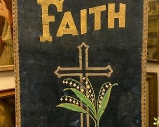 Ceremonial velvet "Faith" church banner on brass rod for hanging. Embroidered cross and floral motif with gold painted words "Faith" and metallic fringe. Has chain on top for hanging. Measures 28" x 17" and is quite unusual and beautiful. Colors are quite rich. $79