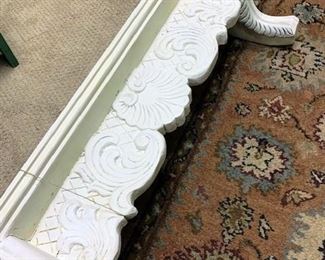 Long heavy painted white shelf for the wall Victorian in style. Heavy for size. Beautiful carvings. Measures 42" x 13" x 7 1/4" -$46