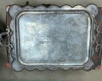 A spectacular silver trophy tray inscribed 1897 that is WONDERFUL!!! It measures 26" x 17" and is in great shape for its age. Two handled. Next photo shows close up of inscription.  It is inscribed "Presented to Columbus Caldwell & Wife. By the Friends of the Wisconsin Veterans Home 1897 Honor Wins Respect." This is truly unusual because it is also made out to the wife. Over 100 years old. A real treasure $135