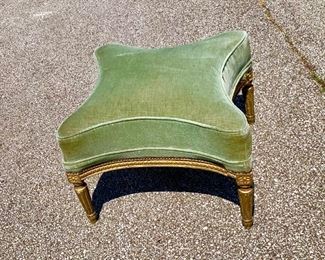 Vintage French green velvet bench. From France. Gold painted legs with carvings. Very sturdy. Spectacular look. Measures 35" x 18." Upholstery all in great condition. Photo makes it look like it is stained but it is not. $125