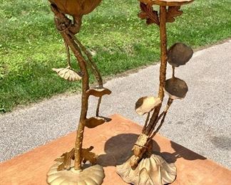 Pair of Art Nouveau Lotus Petal stands. At one time we believe these held two painted bowls but now they could be used for candles or plants. They each stand 21" x 8" and are gold painted spelter. No markings but super interesting looking. $75 pair