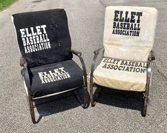 Pair of New York Yankees Stadium loge seats. These are industrial steel chairs with vintage cushion covers from the Ellet Baseball Association that came out of a NY loge. When you sit in the chairs they rock/bounce for comfort. They are very sturdy and super cool. You are purchasing the pair. Fabric is heavy linen. Pair for $650 Very unique and two-of-a-kind. See next images for more views.